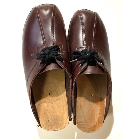 Troentorp Swedish Clogs Brown Leather Lace-Up Size 41 Wooden Sole Handmade Shoes - Picture 5 of 16